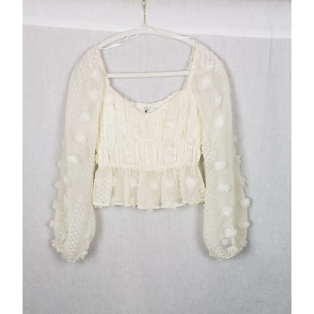 Lush‎ Ivory Smocked Peplum S Blouse 3D Pom Pom Balloon Sleeve Whimsical Coquette